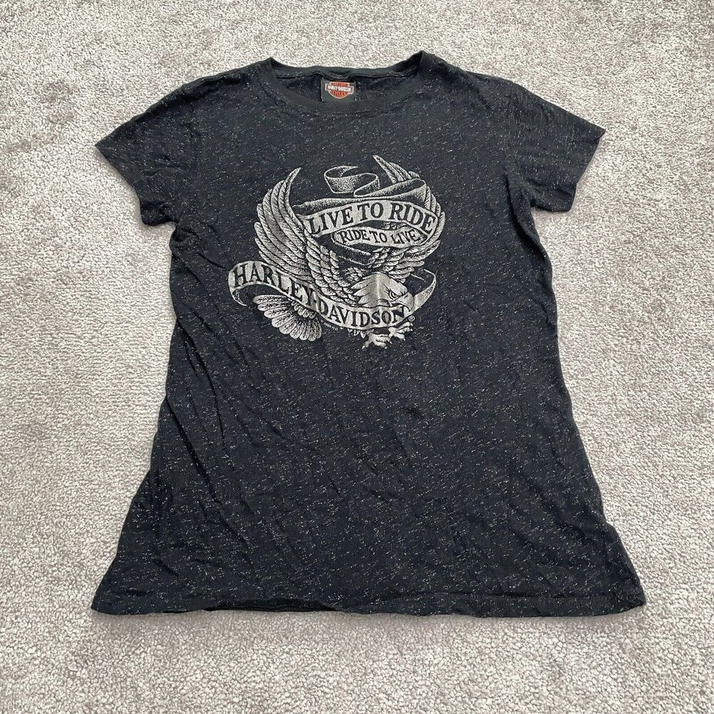 Harley-Davidson Glitter Shiny Graphic T-Shirt Girls Large Black Crew Neck Tee